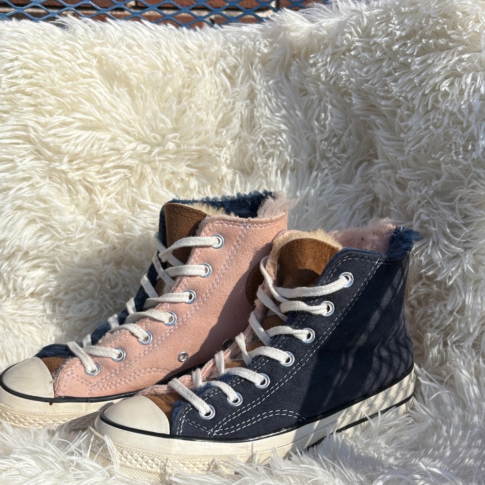 Pink, Blue, & Tan Suede High-Top Sneakers with Fur Lining -Women 7.5